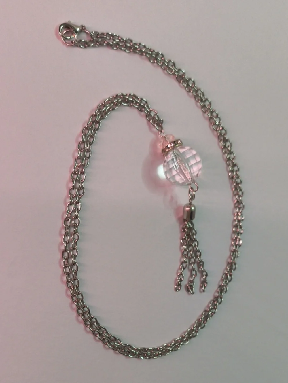 Delicate Silver-Tone Long Necklace with Pink & Clear Crystal Ball Tassel Pendant